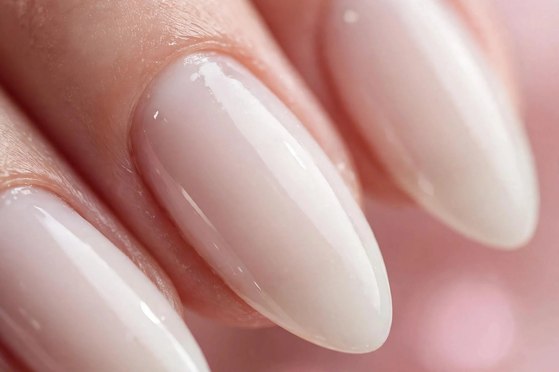 Almond nails in milky ivory with faint pink undertone, high gloss, blush background