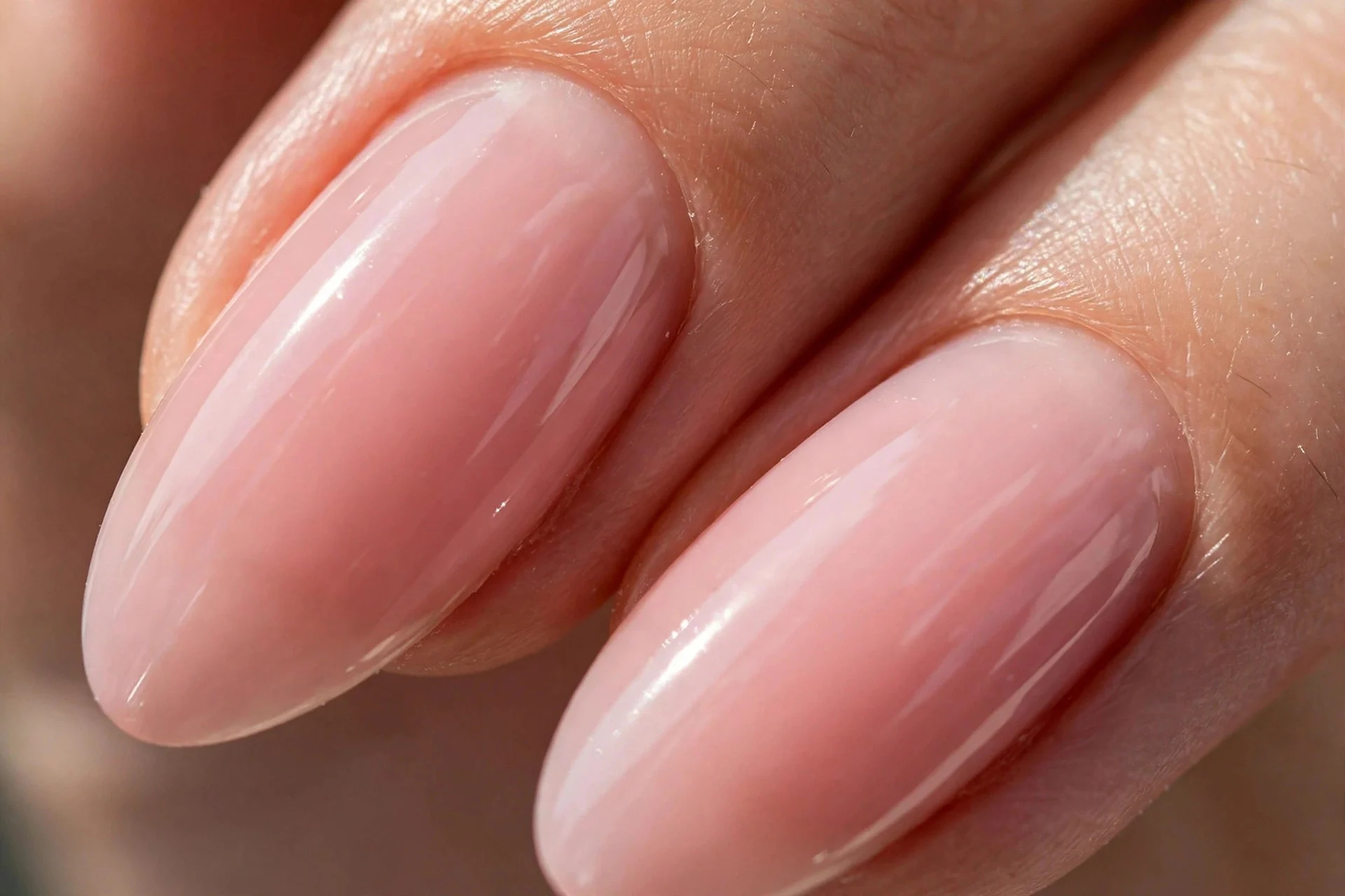 two almond-shaped fingernails in sheer blush pink polish with a glossy finish