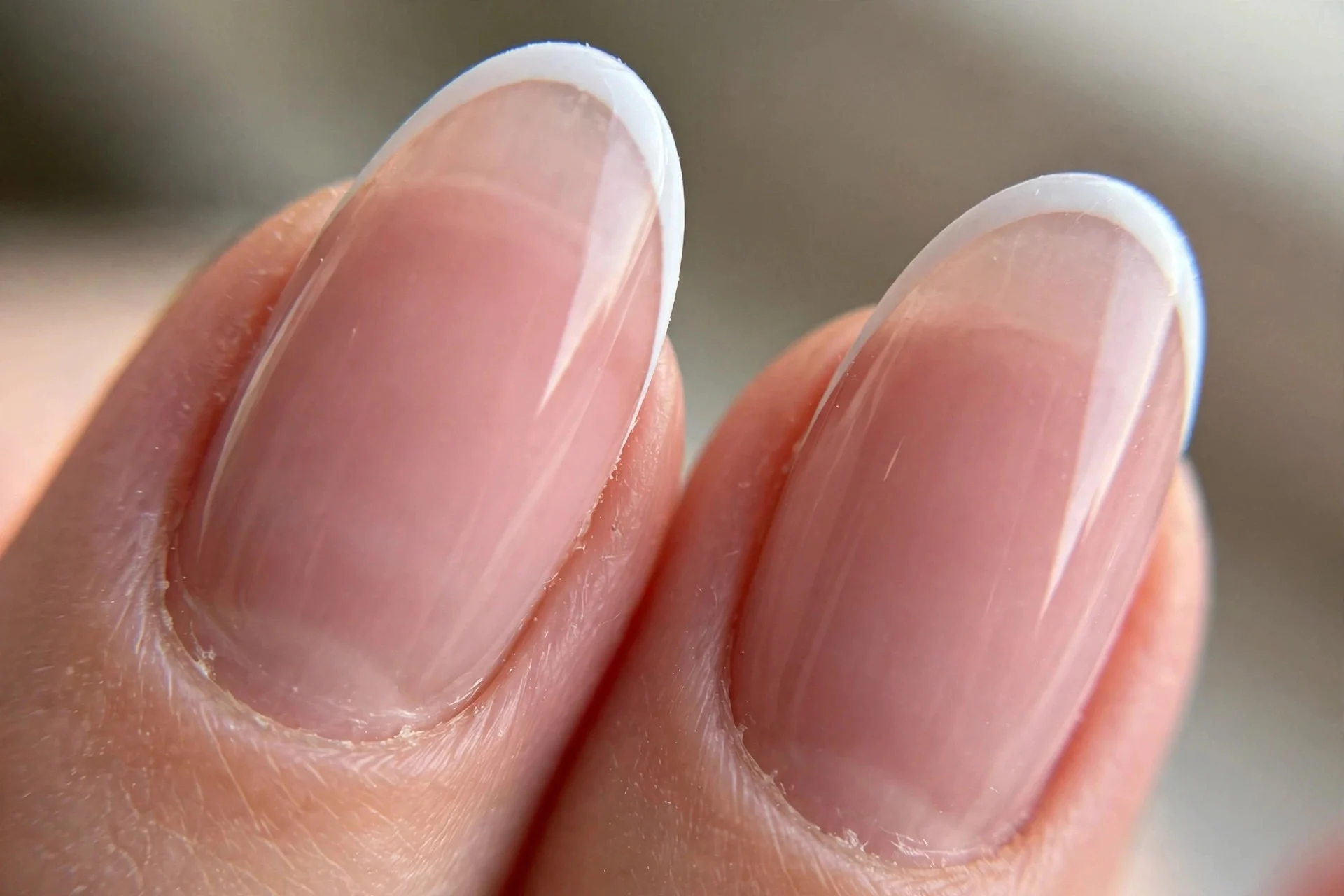 two almond fingernails with a sheer pink base and an ultra-thin white tip