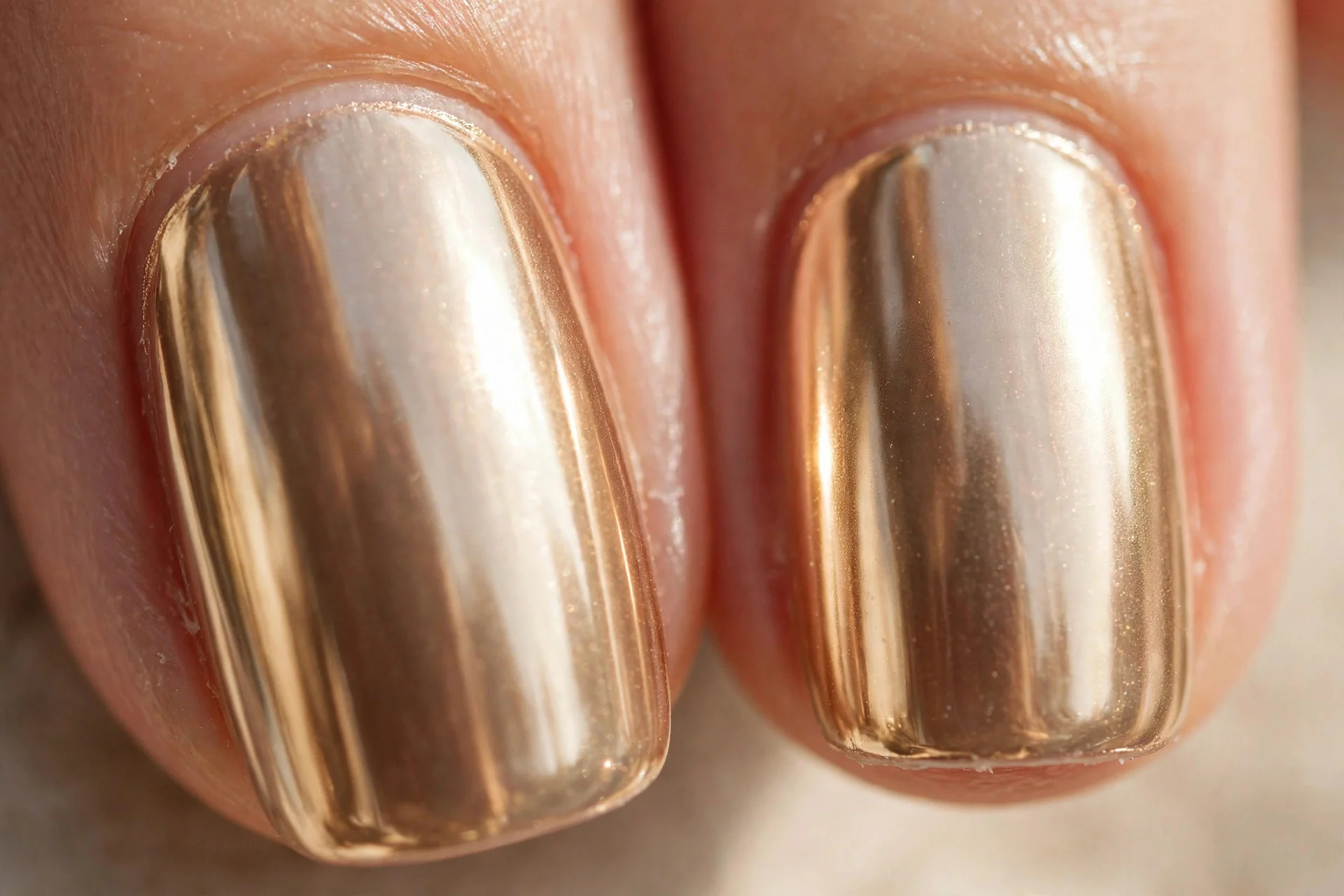 two squoval fingernails in champagne chrome with a warm mirror-like finish