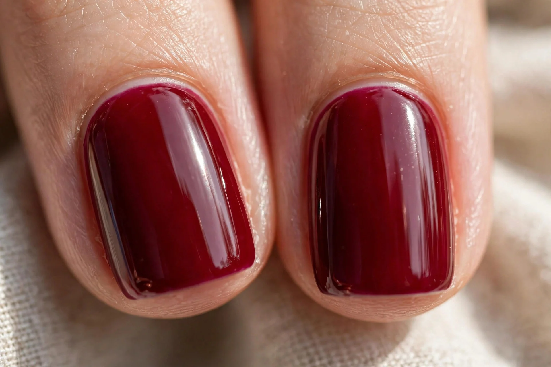 two short squoval fingernails in deep cherry wine red with a high-gloss finish
