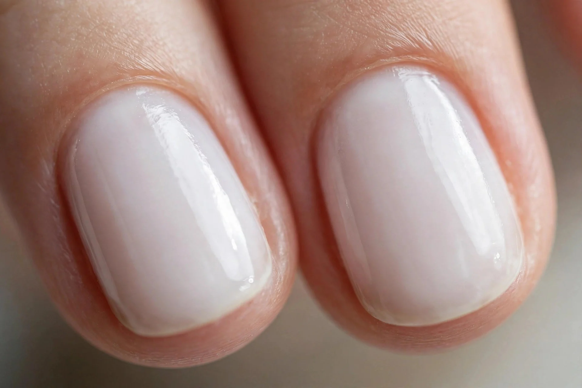 two short oval fingernails in milky white polish with a soft glossy finish