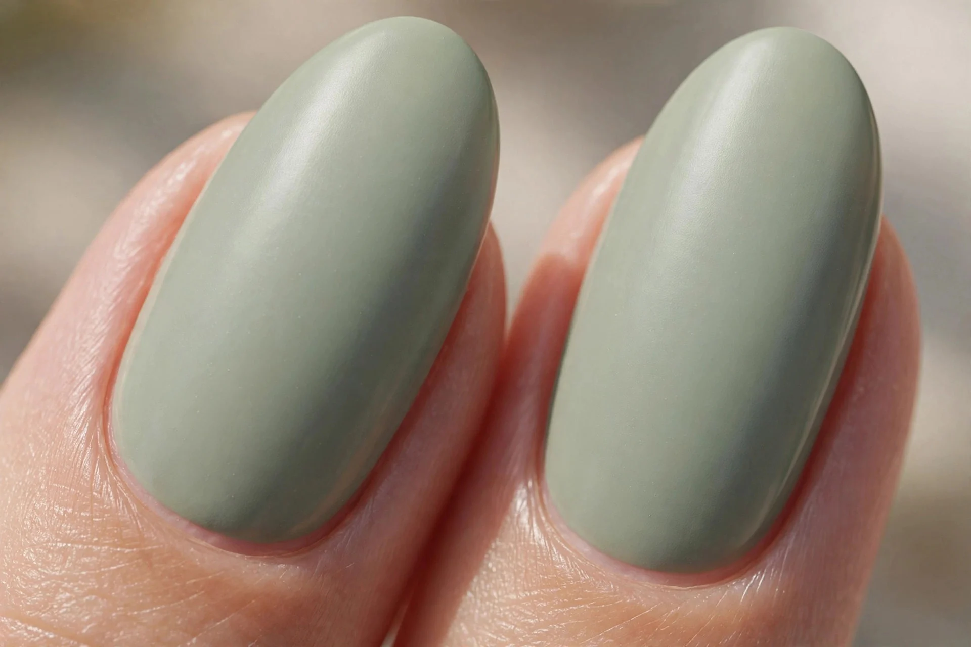 two almond fingernails in muted sage green creme with a satin finish