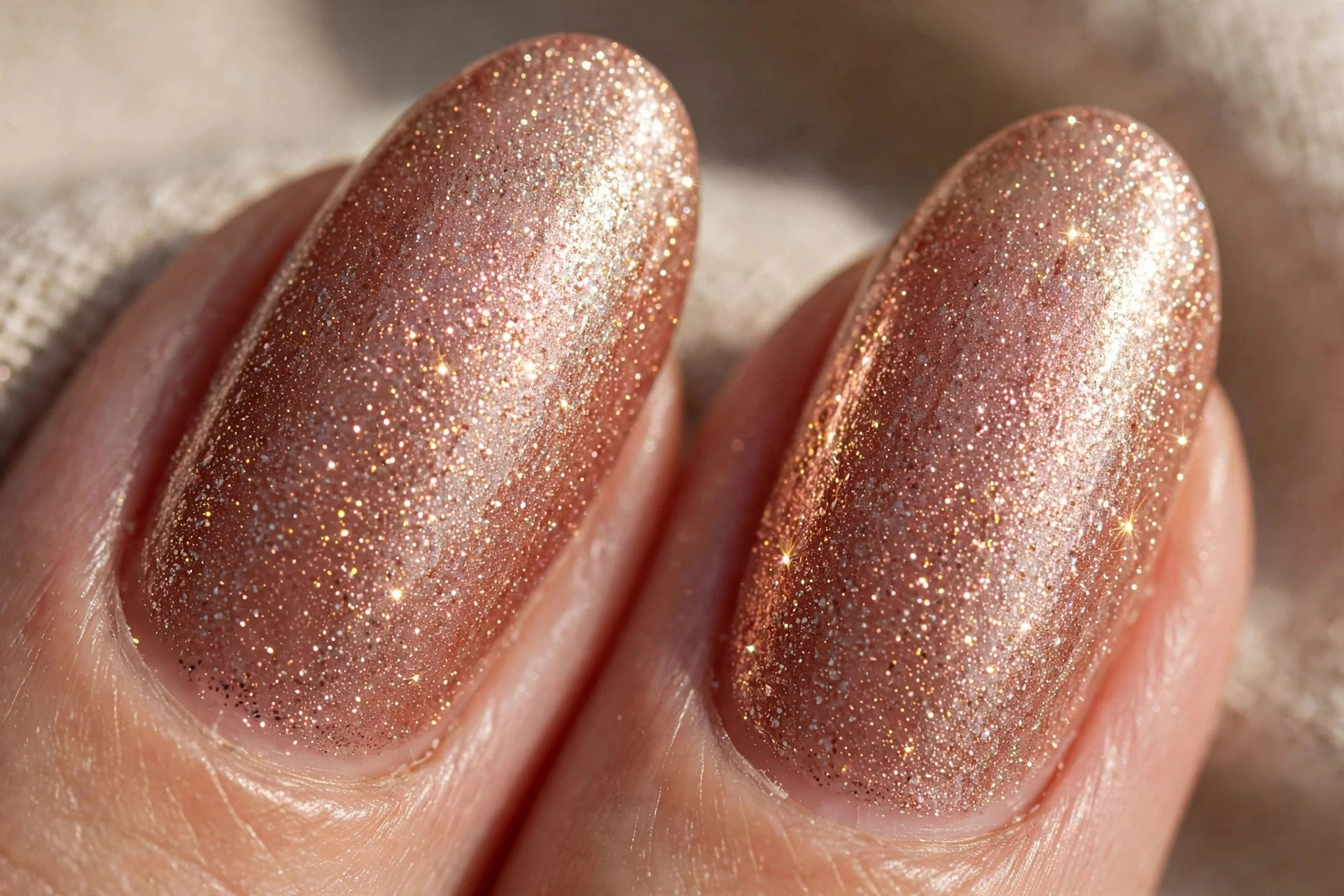 two almond fingernails in rose gold fine shimmer polish with a sparkling finish