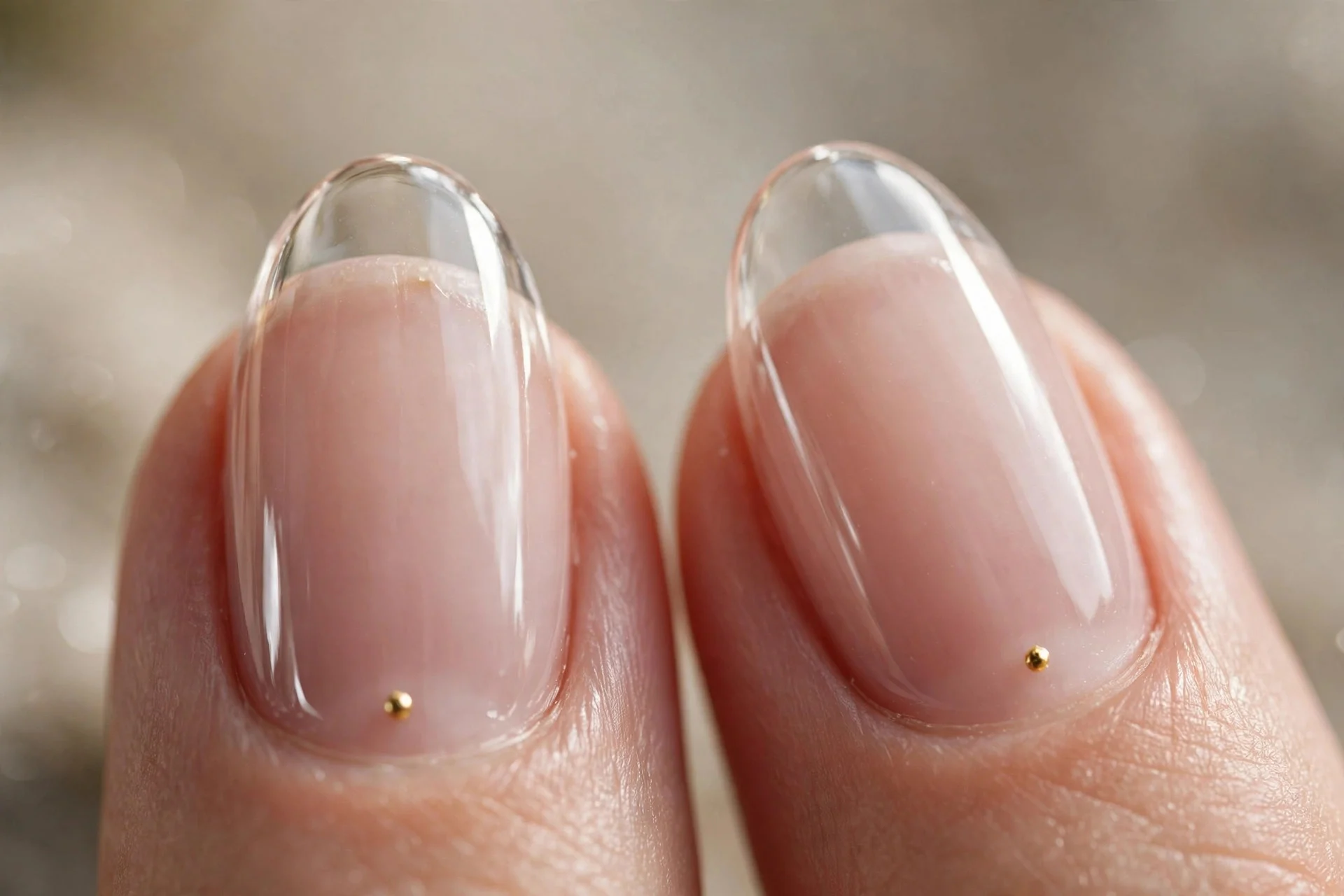 two almond fingernails in clear gloss with a tiny gold dot near the cuticle