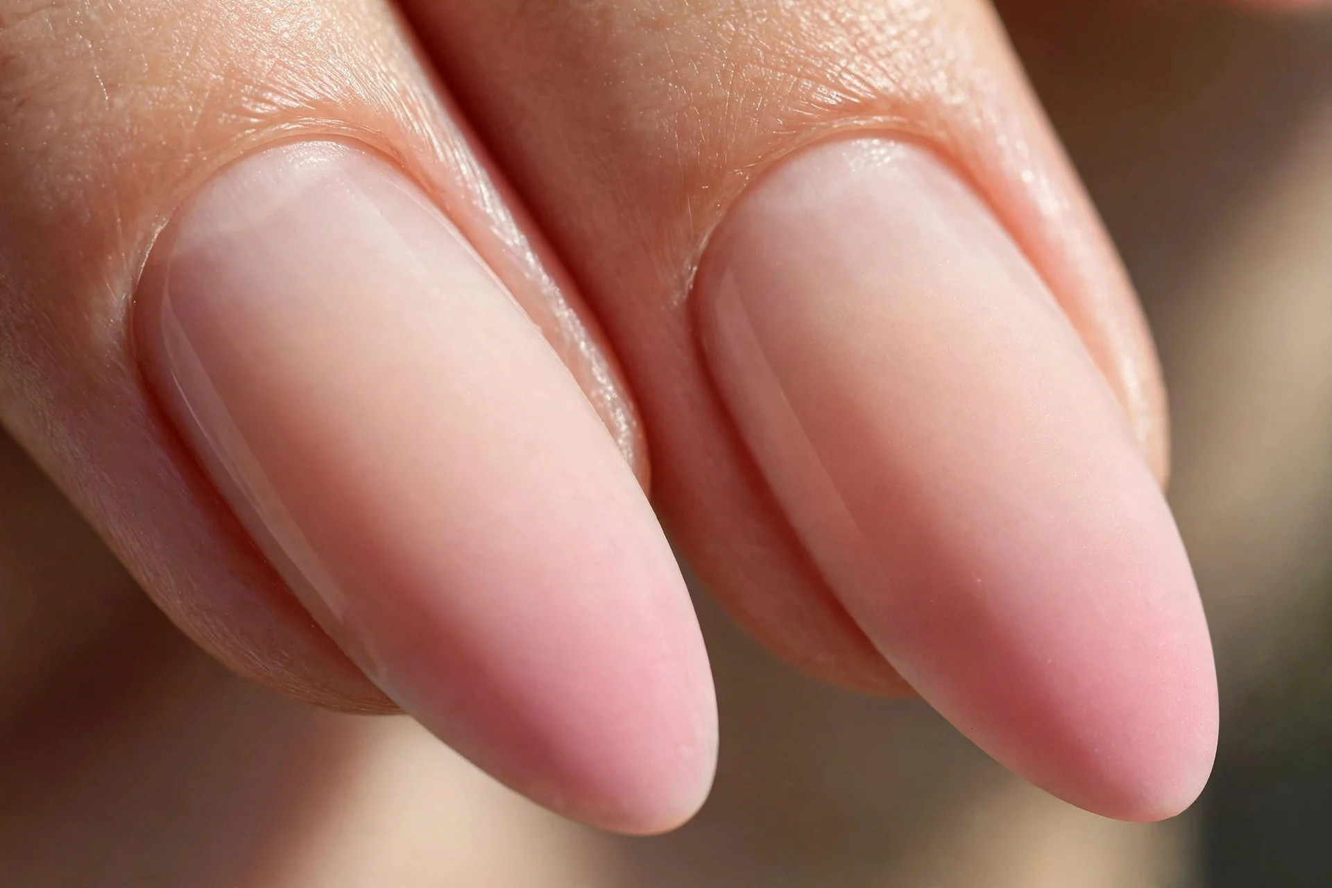 two almond fingernails with a soft ombré from nude to blush pink