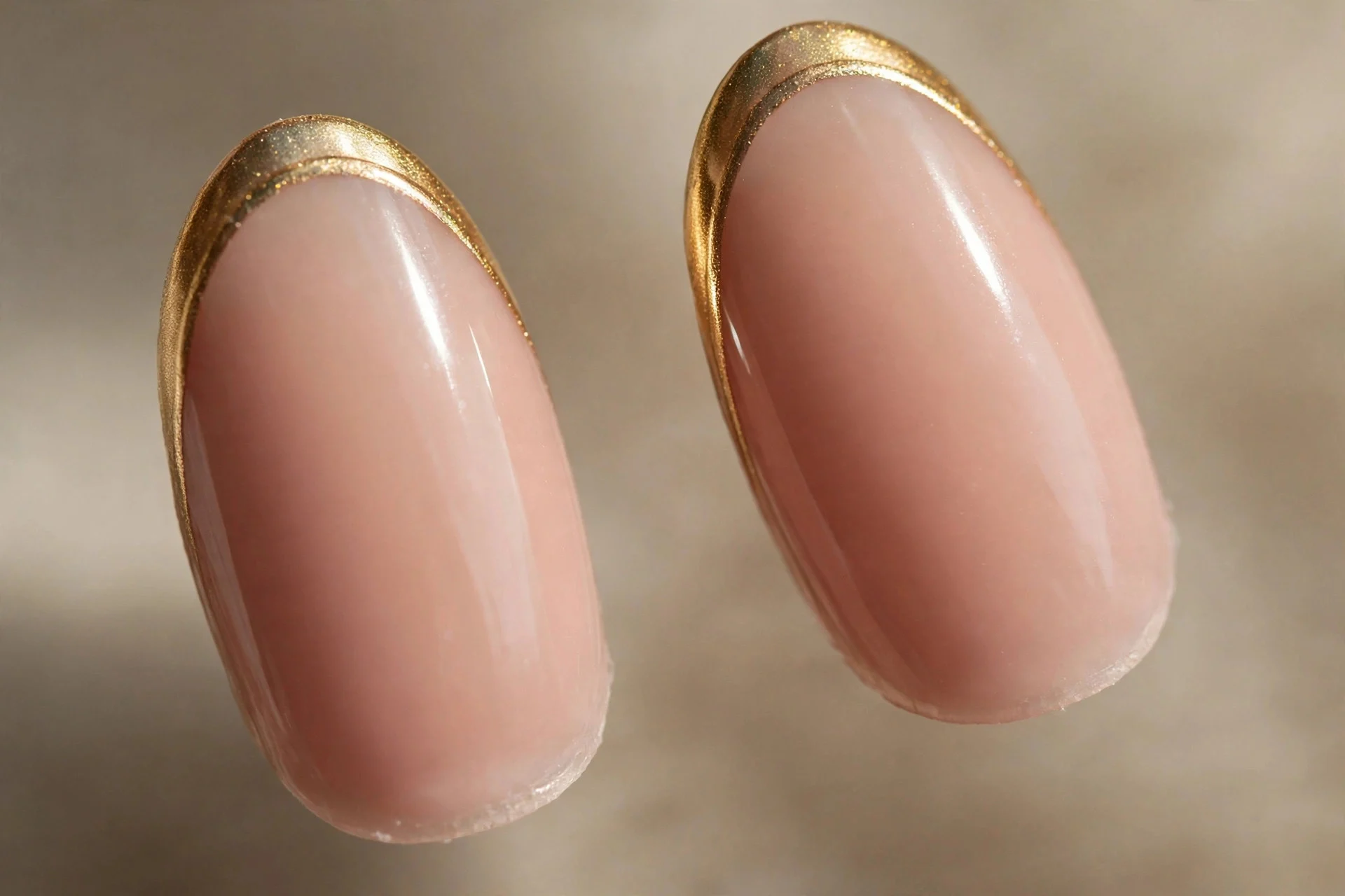 two almond fingernails with nude base and metallic gold tips