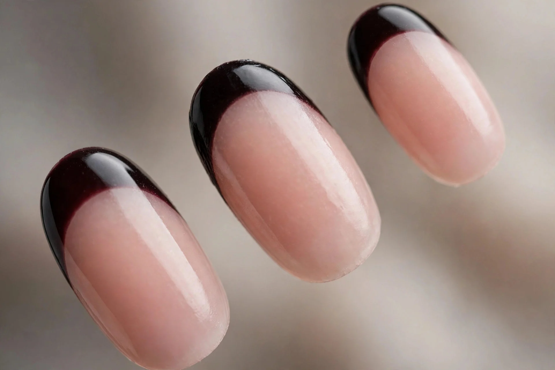 Sheer nude French base with black cherry tips, oval nails
