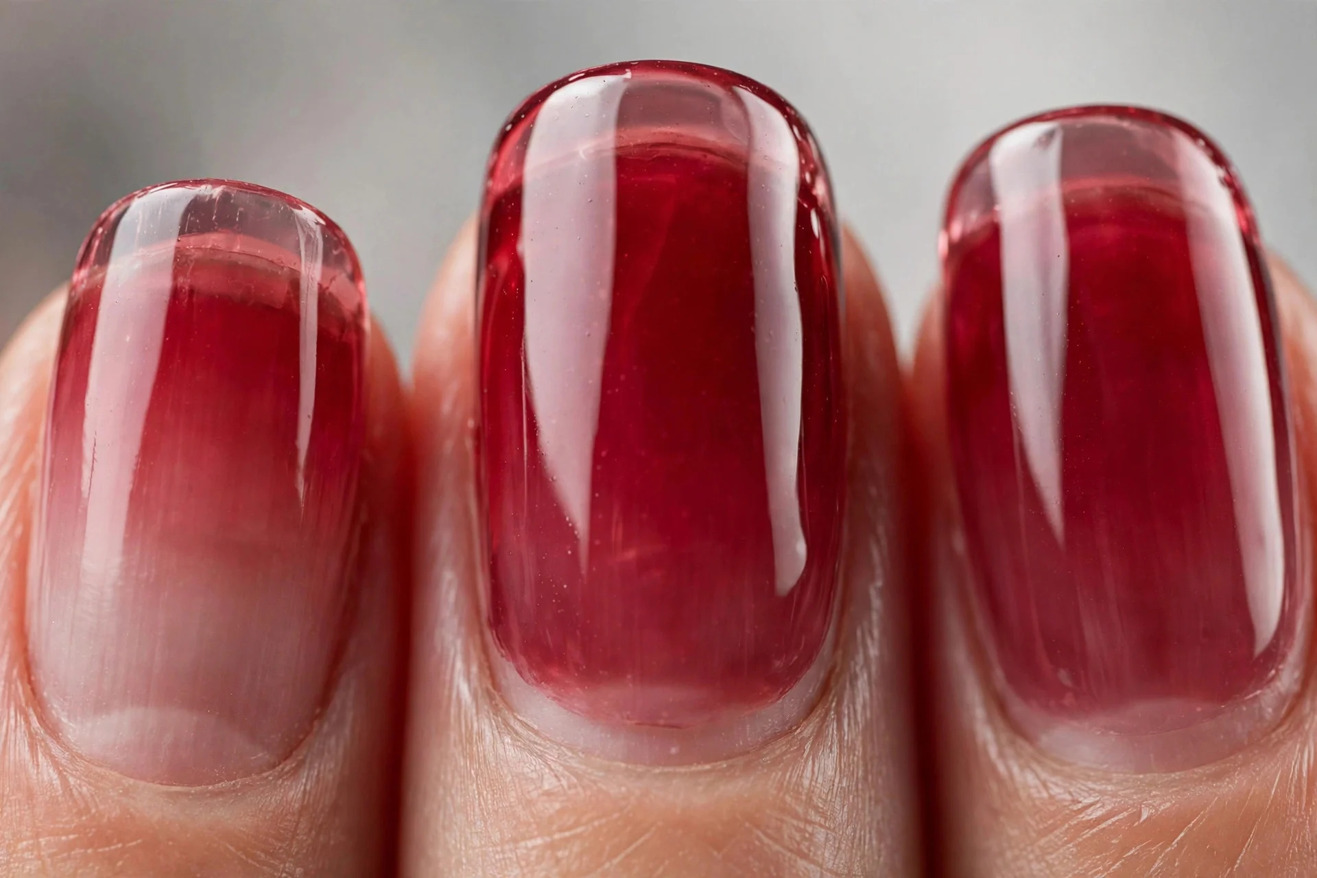 Sheer translucent wine-red jelly nails, short natural nails, glassy