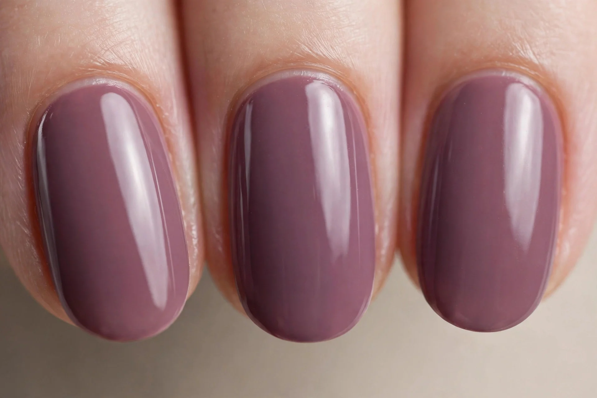 Muted dusty plum-wine polish, medium oval nails, glossy