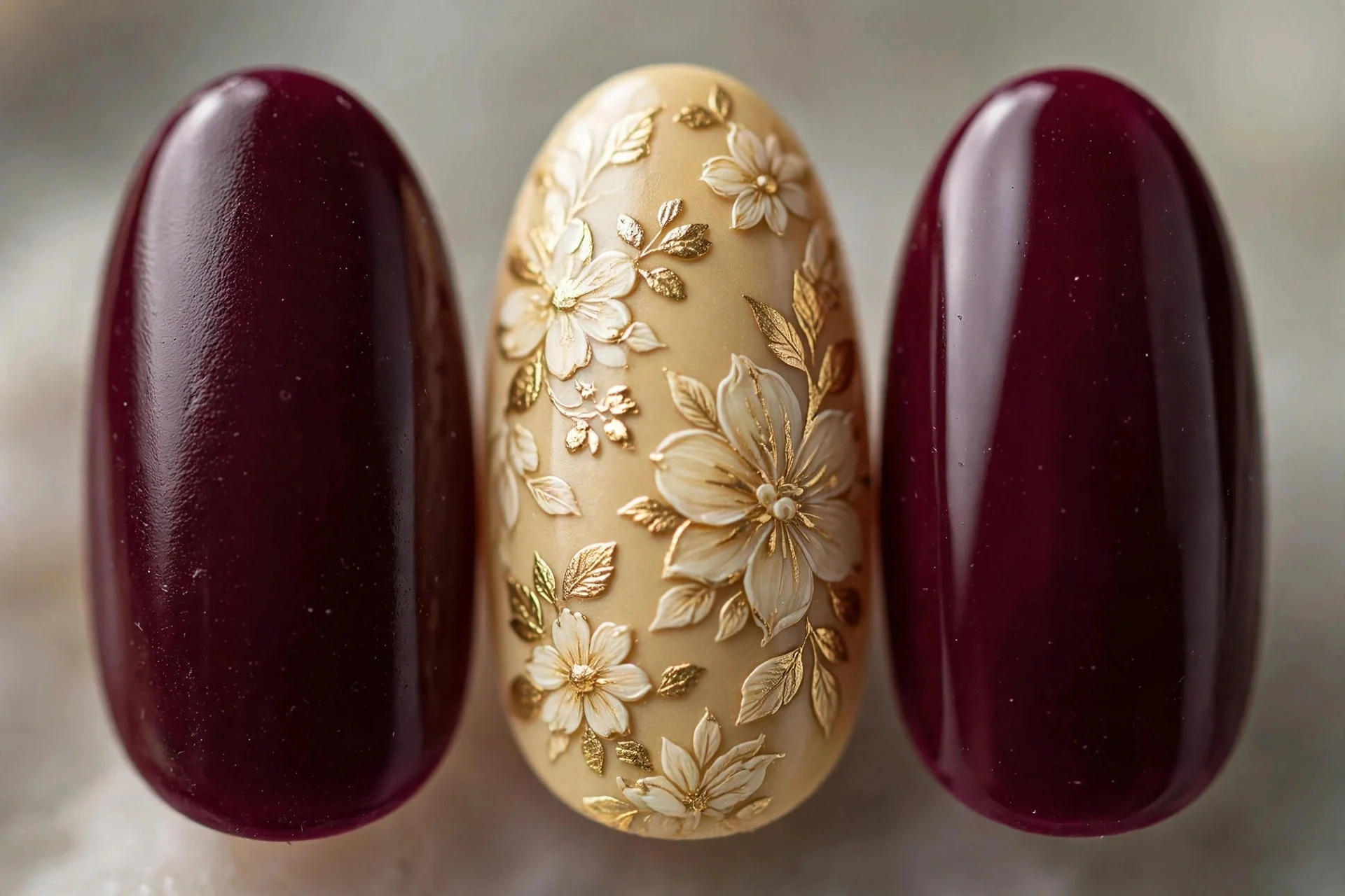 Deep wine nails with gold cream floral accent nail, almond