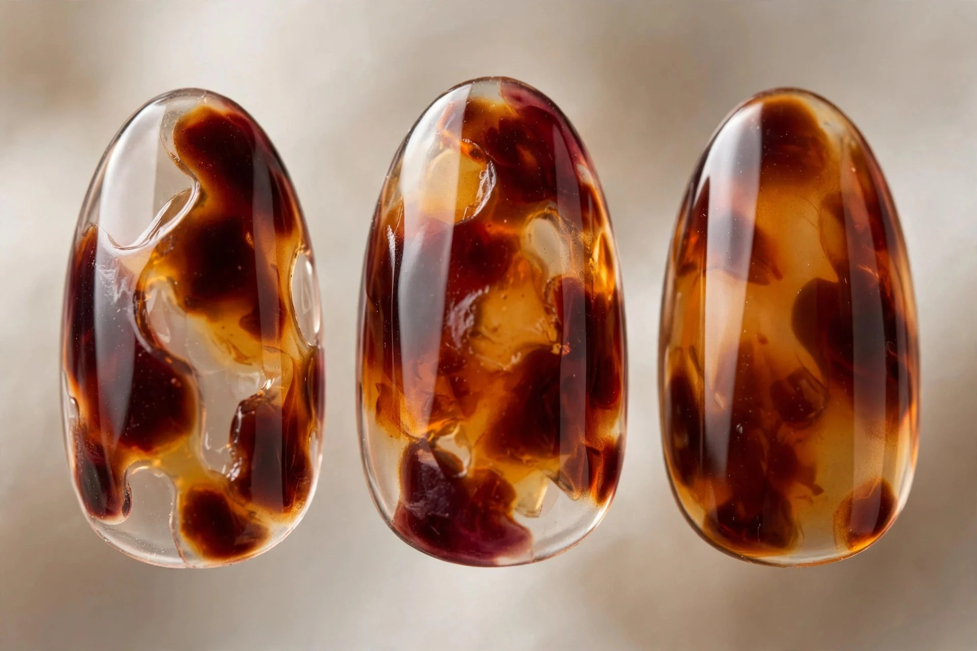 Wine and amber tortoiseshell nail art, almond nails, translucent