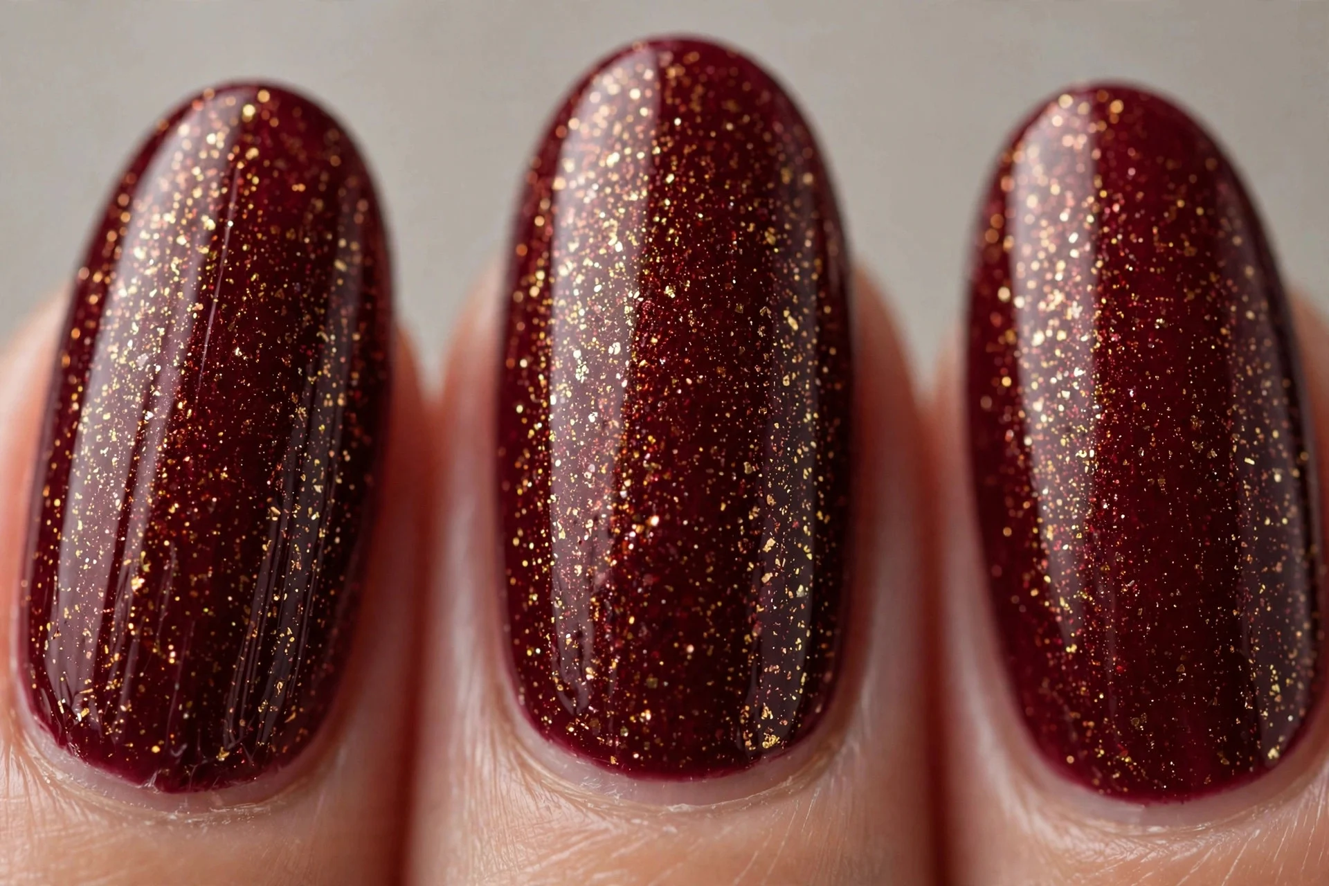 Cabernet wine polish with fine gold glitter, medium almond nails