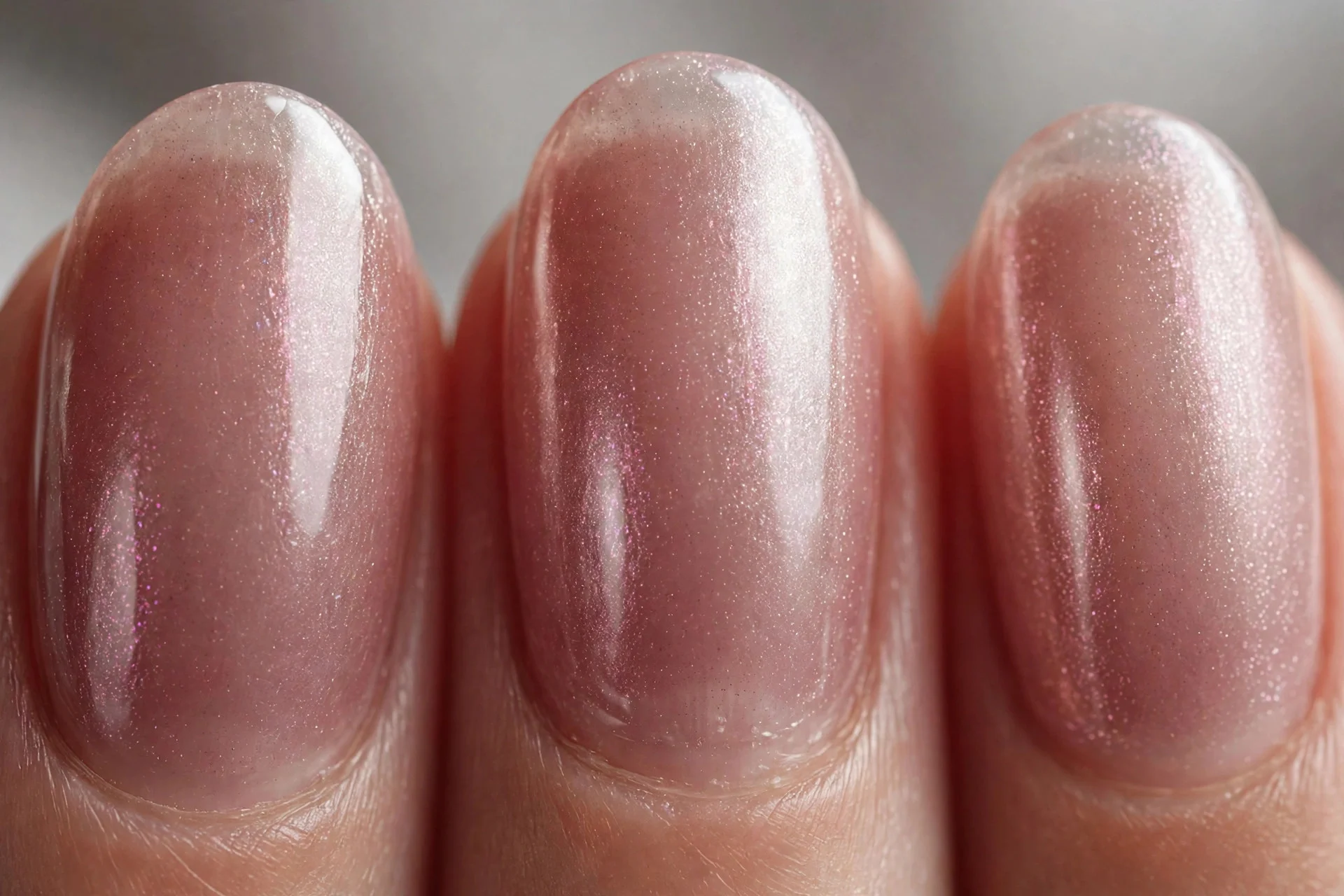Sheer wine polish with pearl shimmer, oval nails, luminous