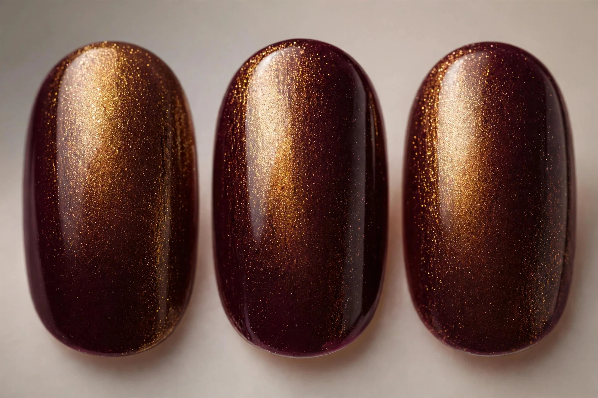 Wine polish with warm gold shimmer, oval nails, glowing finish