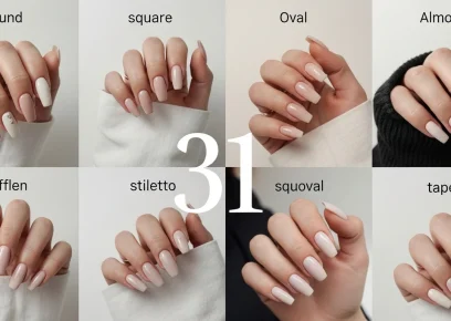 31 types of nail shapes including round, square, almond, coffin, and stiletto nails shown on short natural and long acrylic nails for choosing the perfect manicure shape