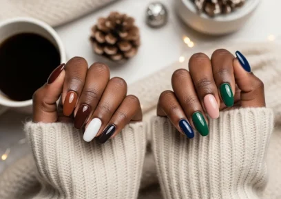 Winter nail ideas for Black women with cozy dark and nude nail colors on dark skin