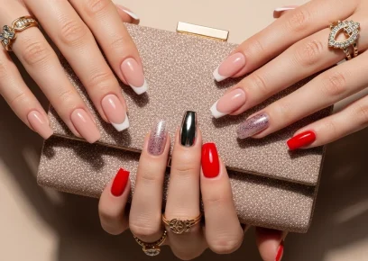 Homecoming nail ideas featuring nude pink chrome and glitter nails for a perfect formal look