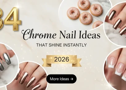 Chrome nail ideas collage featuring silver, rose gold, glazed donut, and French tip chrome nail designs in a soft glam aesthetic