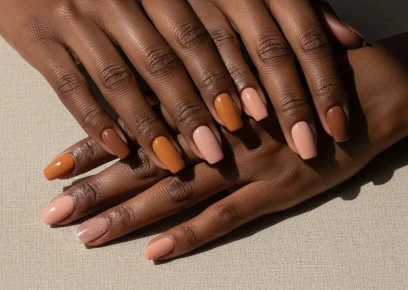 Nude nail ideas for dark skin featuring caramel, beige, and pink nude glossy nail designs