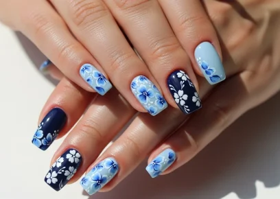 14 Blue and White Floral Nail Design Ideas