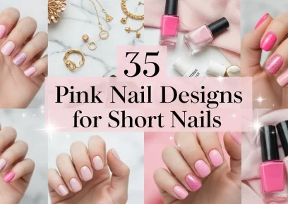 Collage of short pink nail designs including glossy, matte, glitter, ombre, and French tips on neatly manicured hands, styled on a soft feminine beauty background with elegant text overlay “35 Pink Nail Designs for Short Nails”.